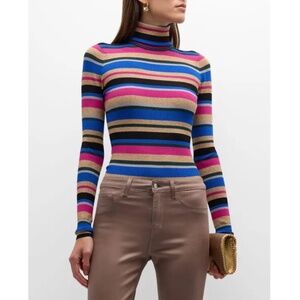 L'AGENCE Olene Metallic Stripe Turtleneck Top Small Magenta Multi Stripe NWT